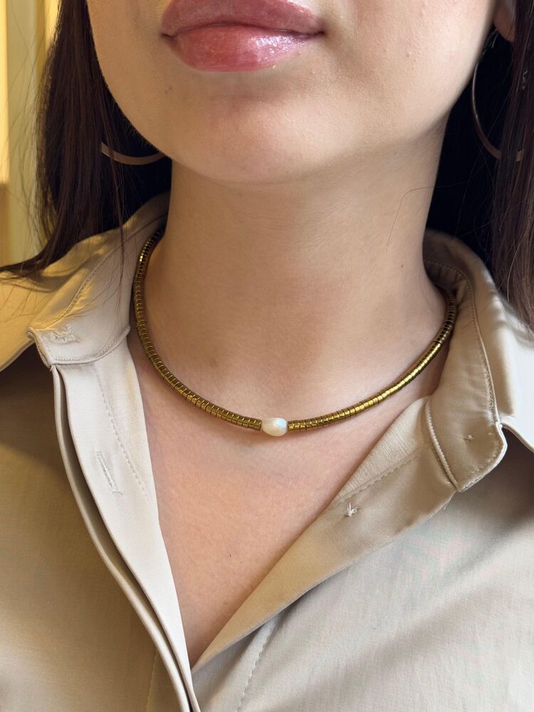 Hakiki inci ve Gold Hematit Kolye