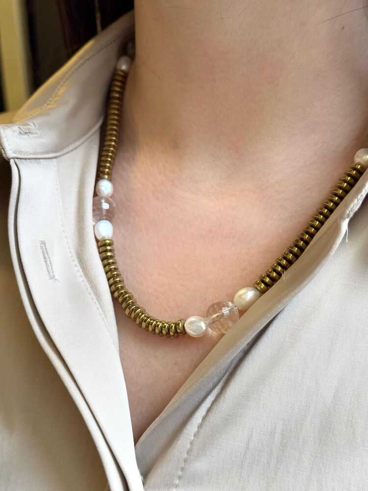 Gold Hematit Kristal Quartz ve İncili Kolye 