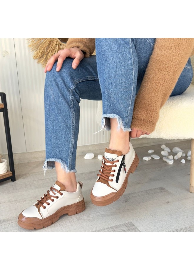 Elwa Bej Cilt Taba Tabanlı Bağcıklı Spor Ayakkabı - 260658