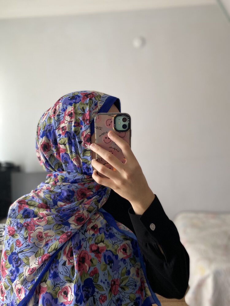 Koyu Mavi Çiçek Desenli Pamuk Şal