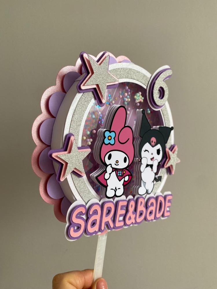 Kuromi ve My Melody 3D Shaker Pasta Süsü - Kişiye Özel Katmanlı ve Hareketli Pullu Topper