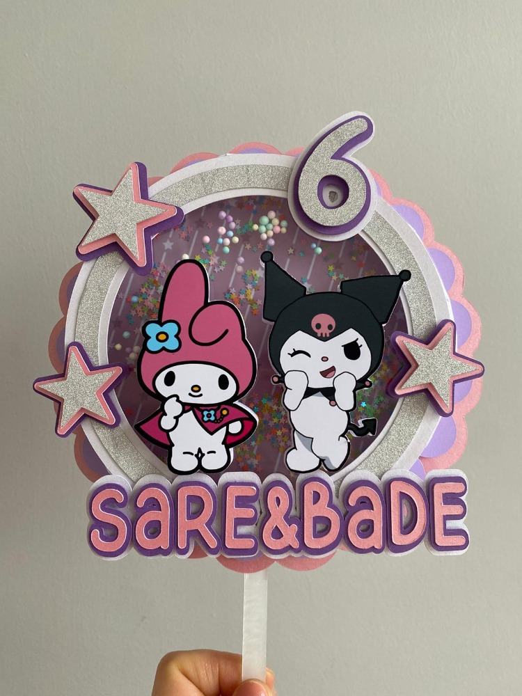 Kuromi ve My Melody 3D Shaker Pasta Süsü - Kişiye Özel Katmanlı ve Hareketli Pullu Topper
