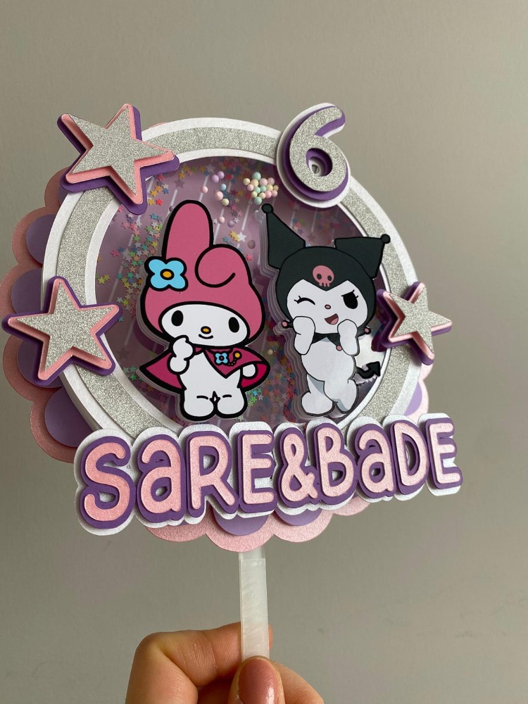 Kuromi ve My Melody 3D Shaker Pasta Süsü - Kişiye Özel Katmanlı ve Hareketli Pullu Topper