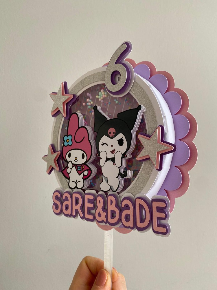 Kuromi ve My Melody 3D Shaker Pasta Süsü - Kişiye Özel Katmanlı ve Hareketli Pullu Topper