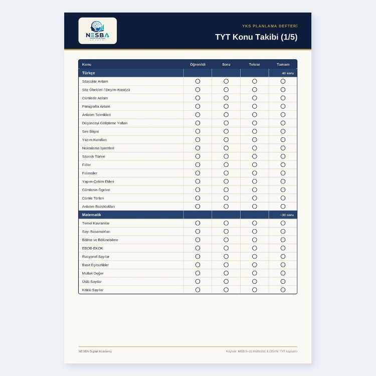YKS Planlama Defteri 2026–2027 — Dijital Çalışma Defteri (PDF)
