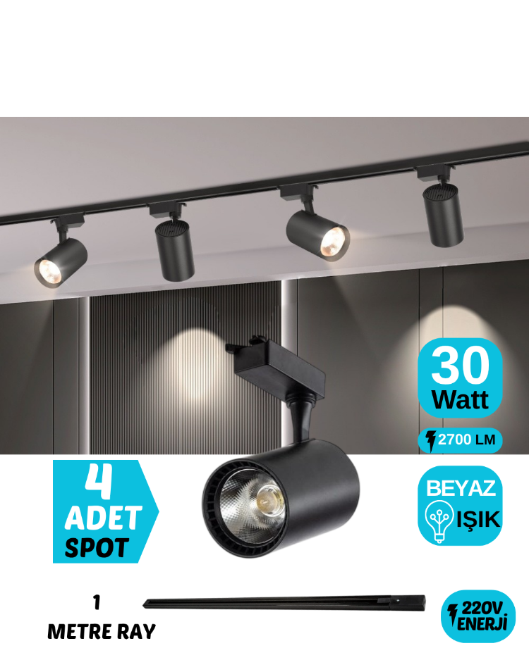 4’LÜ 30 WATT SİYAH KASA BEYAZ IŞIK RAY SPOT (4 ADET 30 WATT LED RAY SPOT LAMBA + 1 METRE RAY))