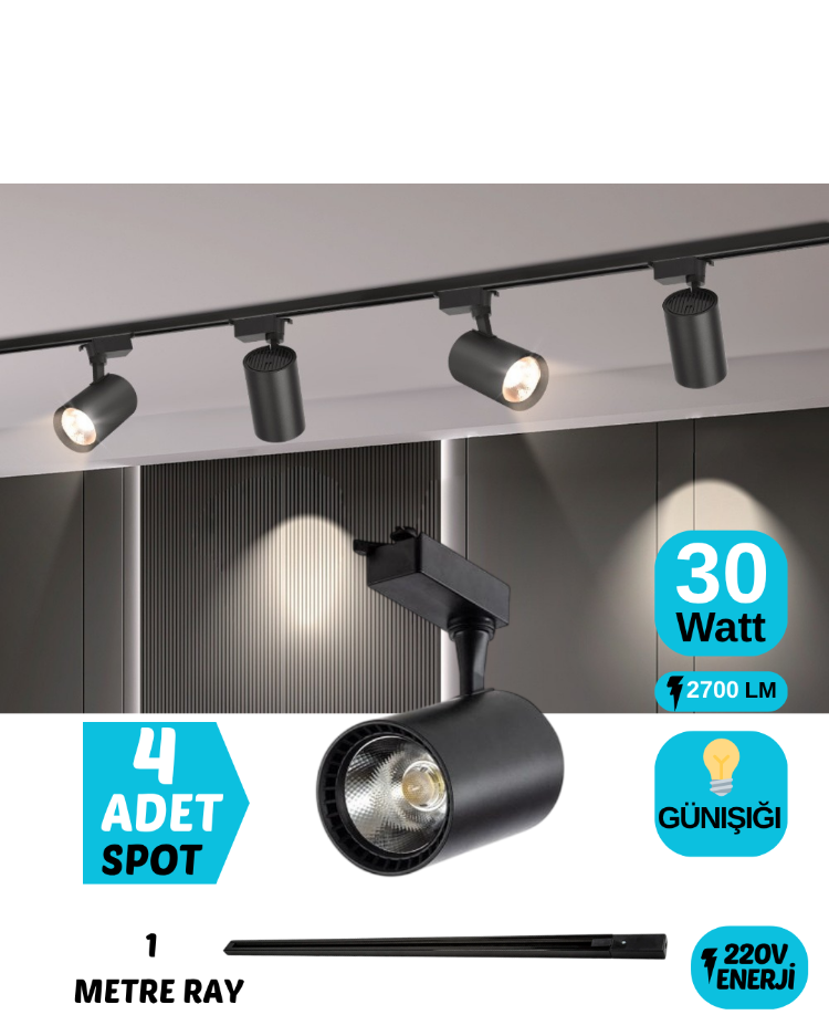 4’LÜ 30 WATT SİYAH KASA GÜNIŞIĞI RAY SPOT (4 ADET 30 WATT LED RAY SPOT LAMBA + 1 METRE RAY))