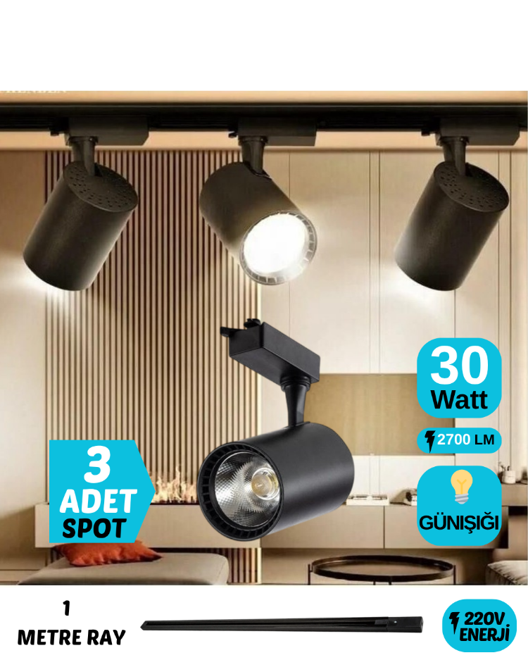 3’LÜ 30 WATT SİYAH KASA GÜNIŞIĞI RAY SPOT (3 ADET 30 WATT LED RAY SPOT LAMBA + 1 METRE RAY))