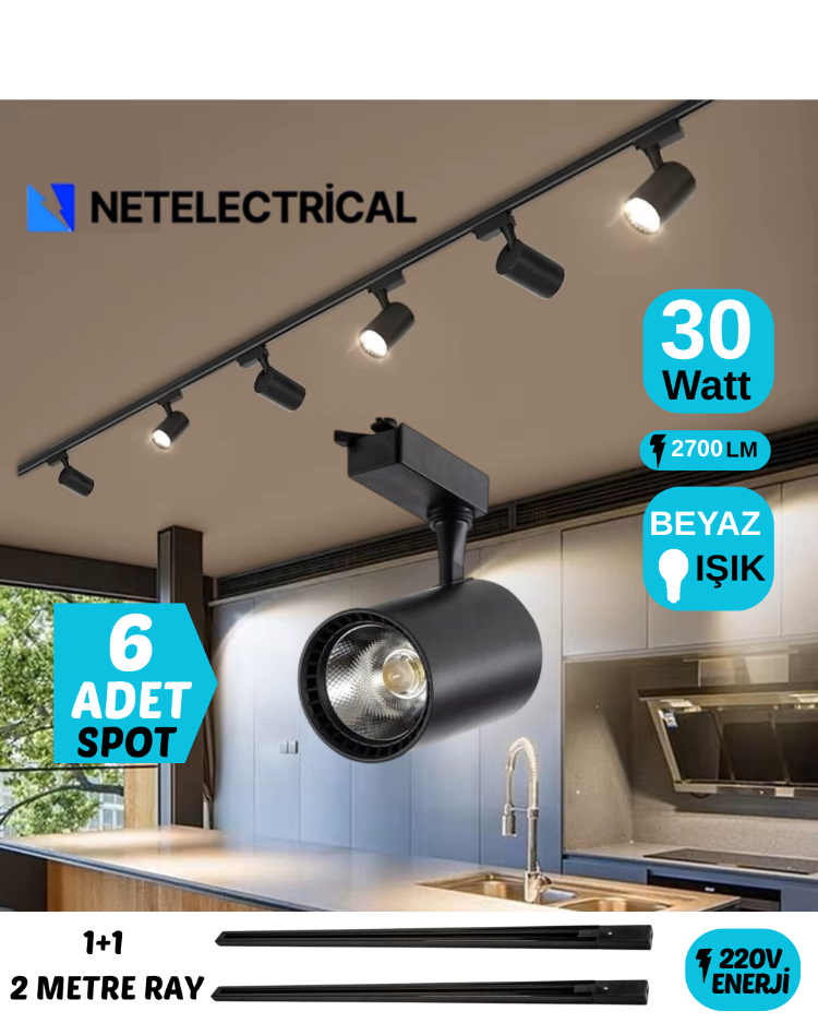 6’LI 30 WATT SİYAH KASA BEYAZ IŞIK RAY SPOT (6 ADET 30 WATT LED RAY SPOT + 1+1 (2) METRE RAY)