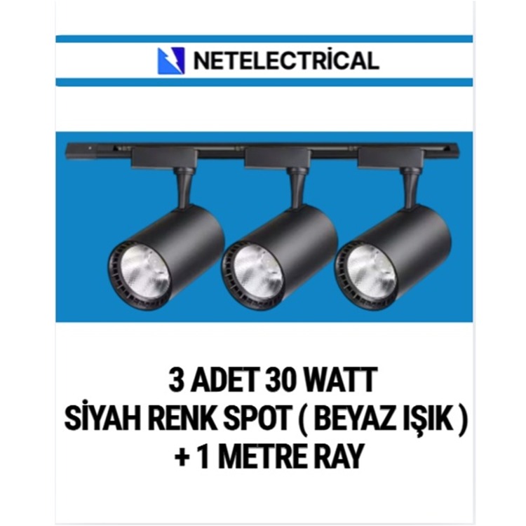 3’LÜ 30 WATT SİYAH KASA BEYAZ IŞIK RAY SPOT (3 ADET 30 WATT LED RAY SPOT LAMBA + 1 METRE)