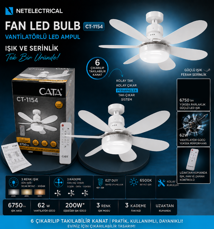 Cata CT-1154 Lodos Fanlı LED Ampul TAVANA MONTELİ