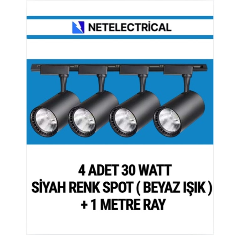 4’LÜ 30 WATT SİYAH KASA GÜNIŞIĞI RAY SPOT (4 ADET 30 WATT LED RAY SPOT LAMBA + 1 METRE RAY))
