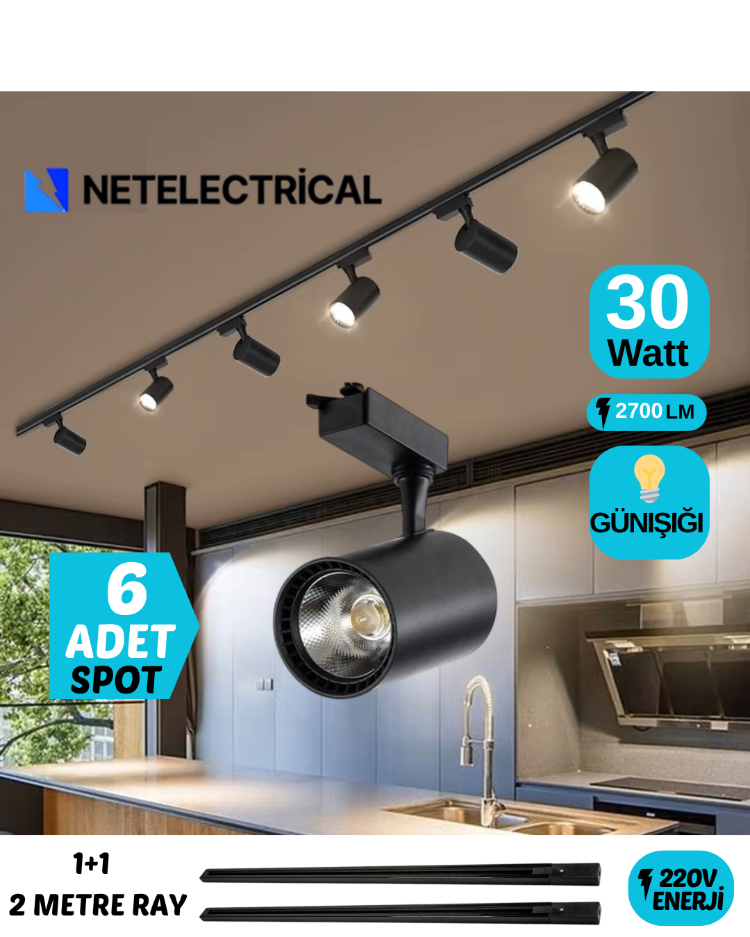 6’LI 30 WATT SİYAH KASA GÜNIŞIĞI RAY SPOT (6 ADET 30 WATT LED RAY SPOT + 1+1 (2) METRE RAY)