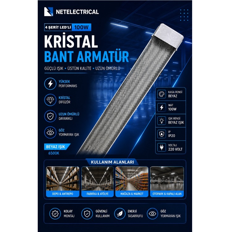 100 Watt 120 cm Kristal Yatay LED Bant Armatür - Trafolu Beyaz Işık