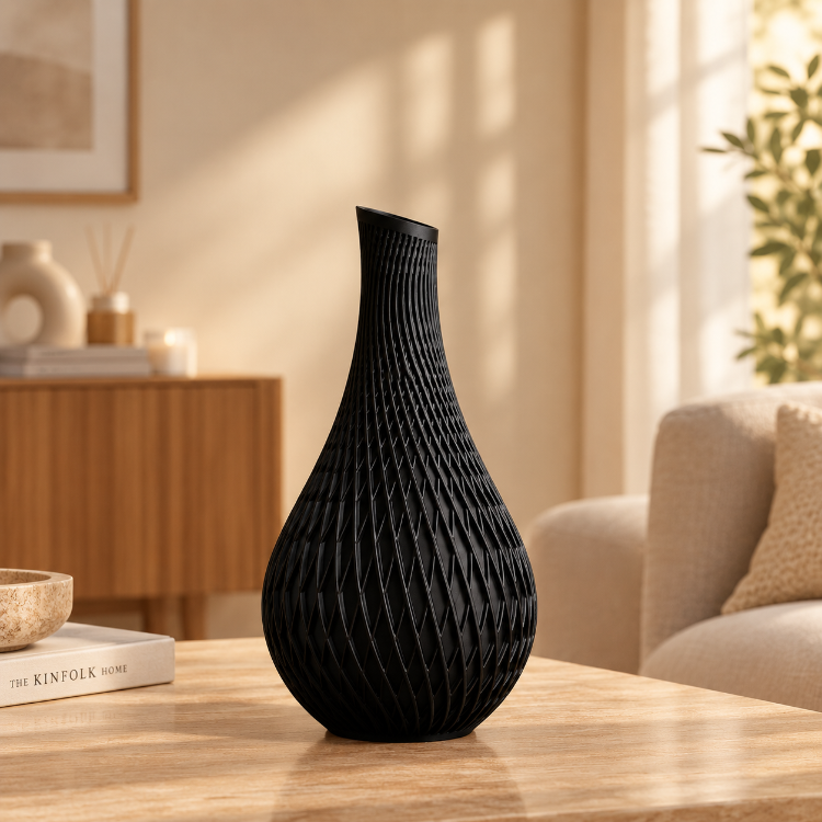 Geometrik Kafes Desenli Modern Vazo  - Siyah 