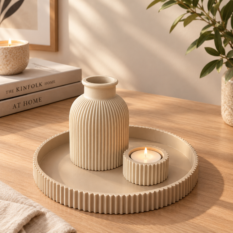 3'lü Minimalist Dekorasyon Seti - Tepsi, Mumluk ve Vazo (12 cm) - Beyaz