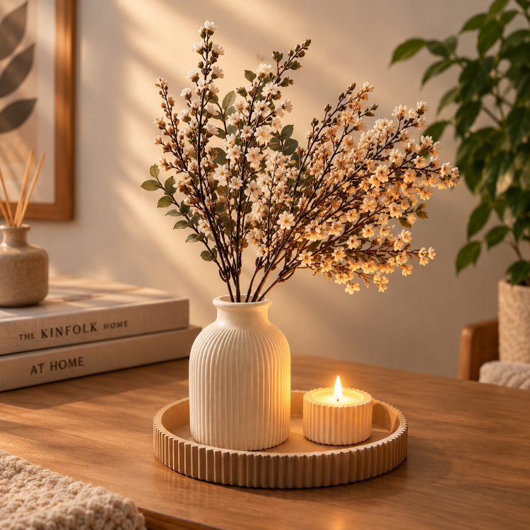 3'lü Minimalist Dekorasyon Seti - Tepsi, Mumluk ve Vazo (12 cm) - Beyaz