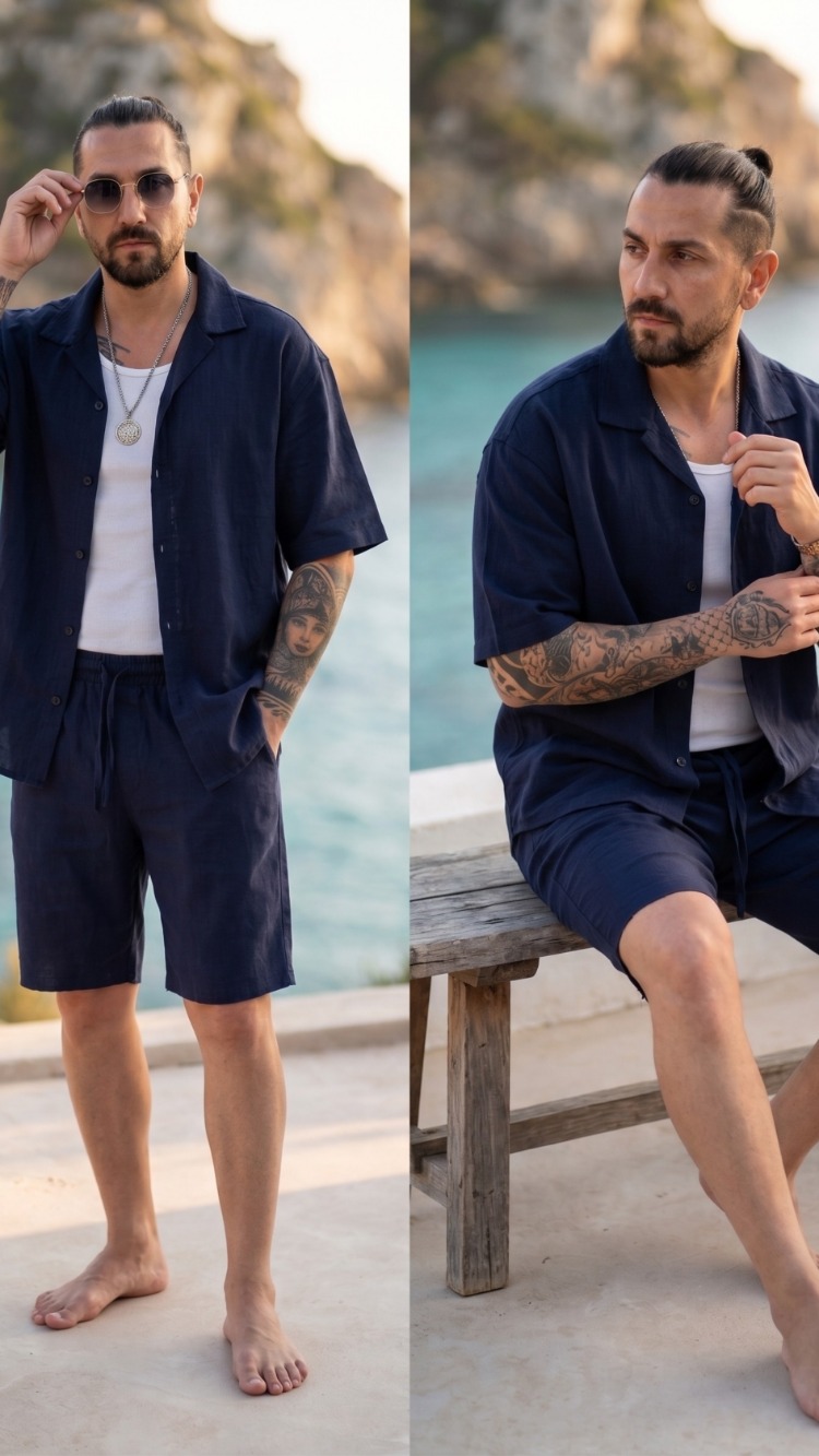 Lacivert Ham Keten Short Takım — Yazlık Erkek Alt-Üst Set