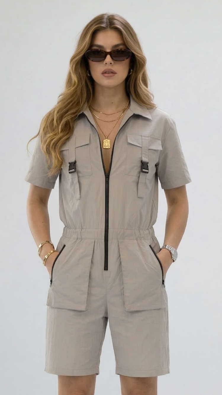 Off-White Taş Gri Paraşüt Kumaş Unisex Tulum — Premium Kargo Cepli Model