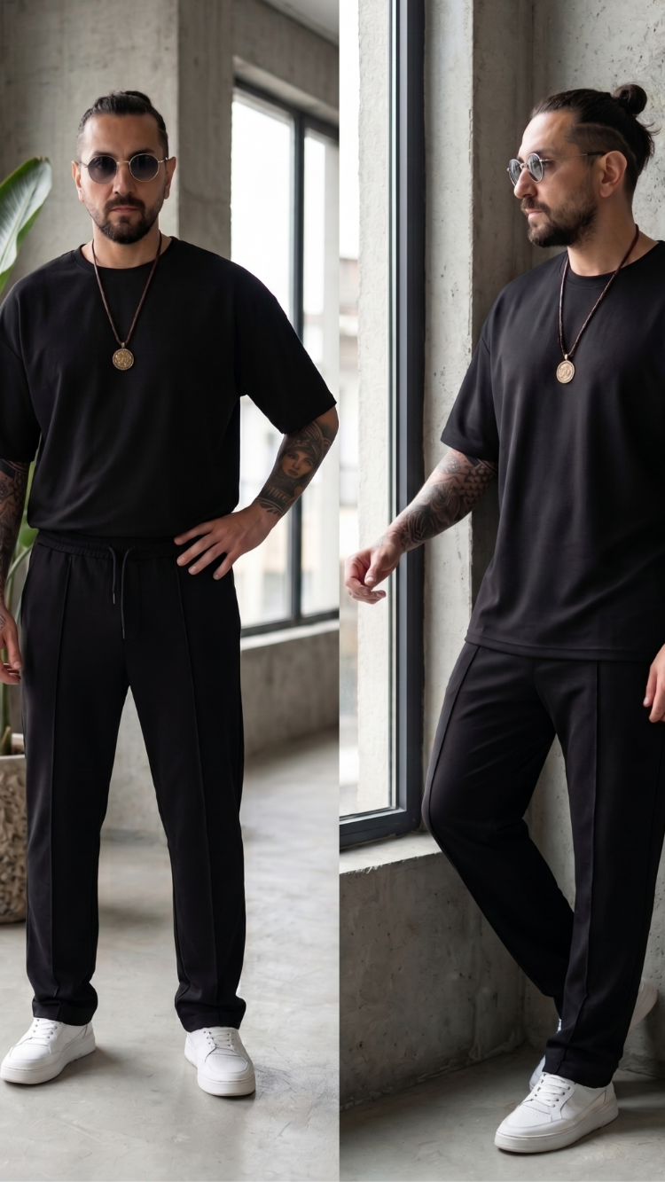 Siyah Oysho Erkek Takım — Oversize Rahat Alt-Üst Set