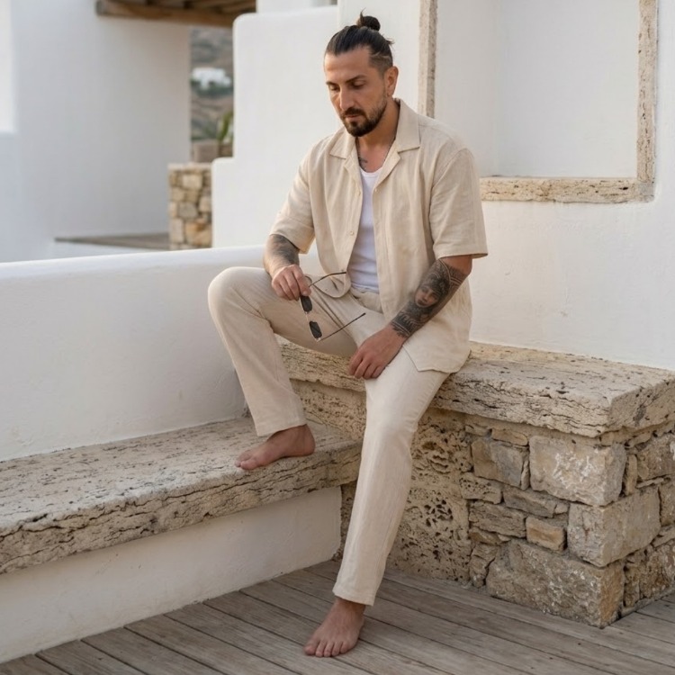 Bej Ham Keten Erkek Takım — Yazlık Oversize Alt-Üst Set