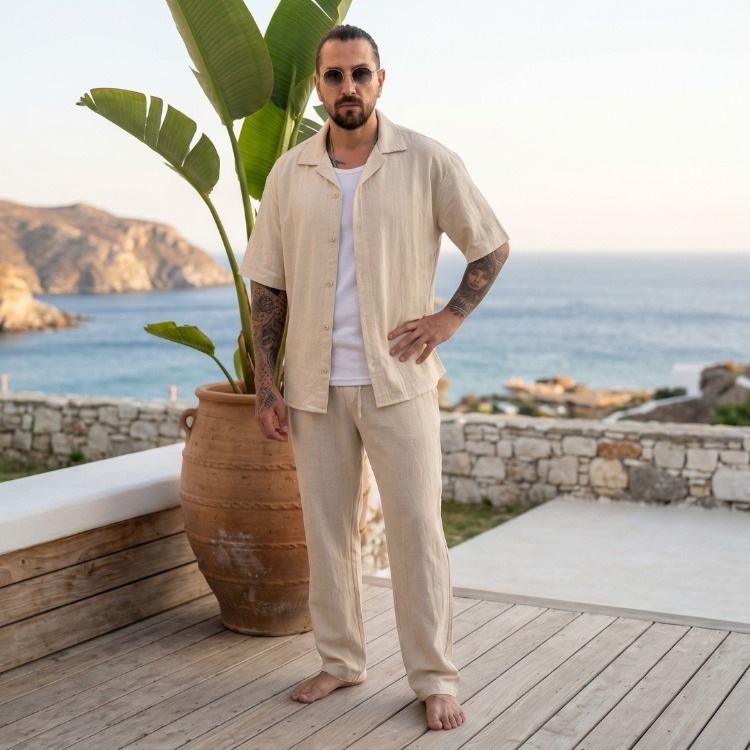 Bej Ham Keten Erkek Takım — Yazlık Oversize Alt-Üst Set