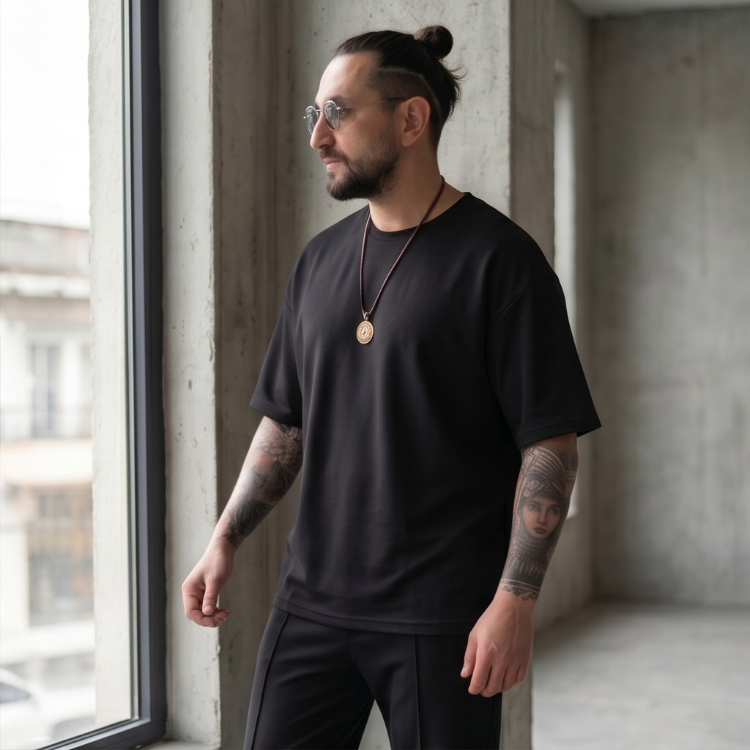 Siyah Oysho Erkek Takım — Oversize Rahat Alt-Üst Set