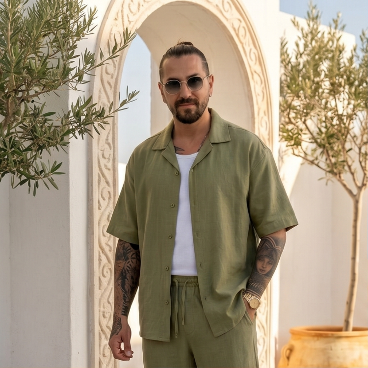 Yeşil Ham Keten Erkek Takım — Yazlık Oversize Alt-Üst Set
