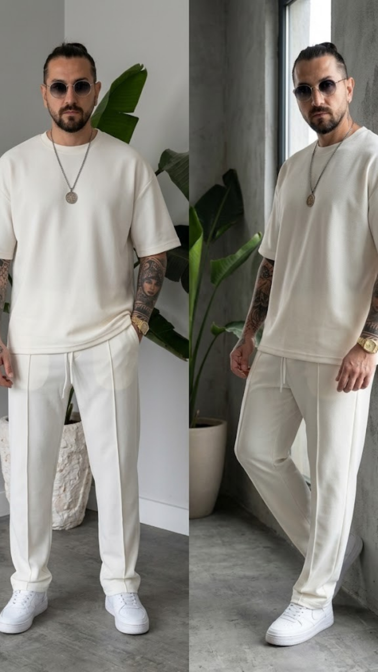 Pure White Oysho T-Shirt & Baggy Eşofman Takımı — Arka Cepli Alt-Üst Set