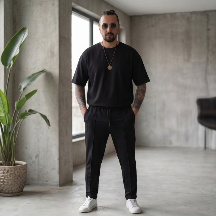 Siyah Oysho Erkek Takım — Oversize Rahat Alt-Üst Set