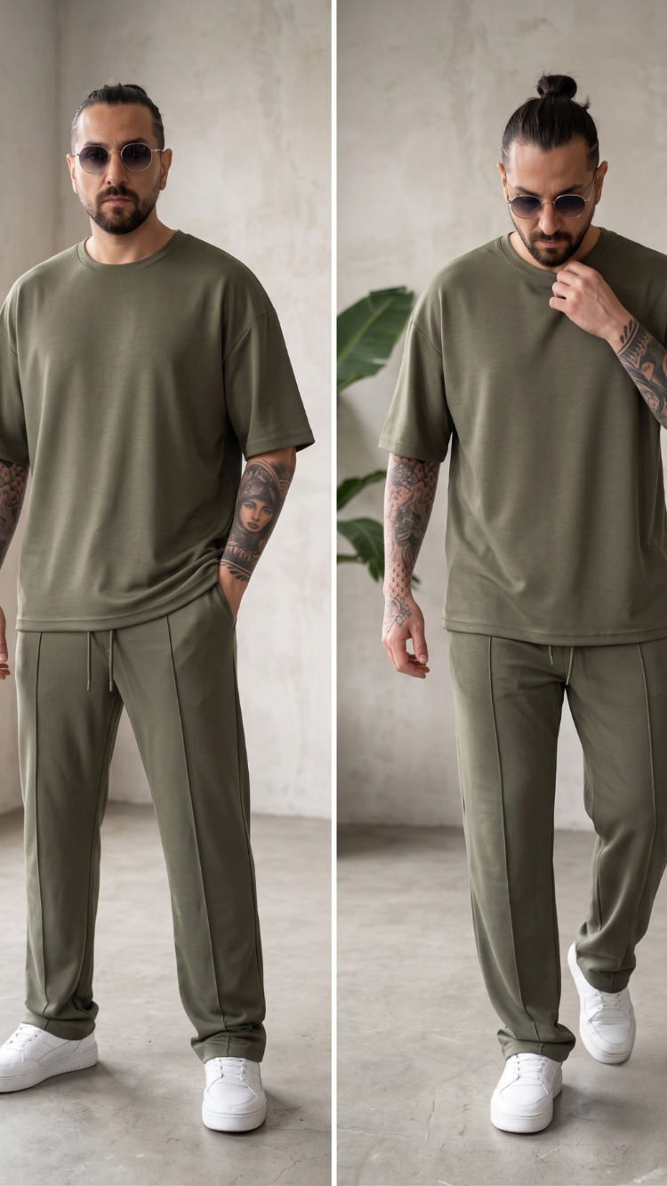 Haki Yeşil Oysho Erkek Takım — Oversize Rahat Alt-Üst Set