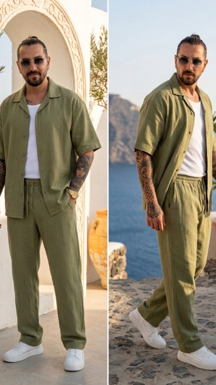 Yeşil Ham Keten Erkek Takım — Yazlık Oversize Alt-Üst Set
