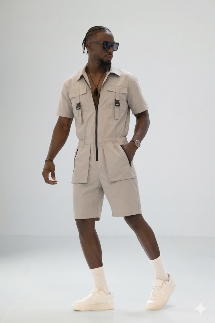 Off-White Taş Gri Paraşüt Kumaş Unisex Tulum — Premium Kargo Cepli Model