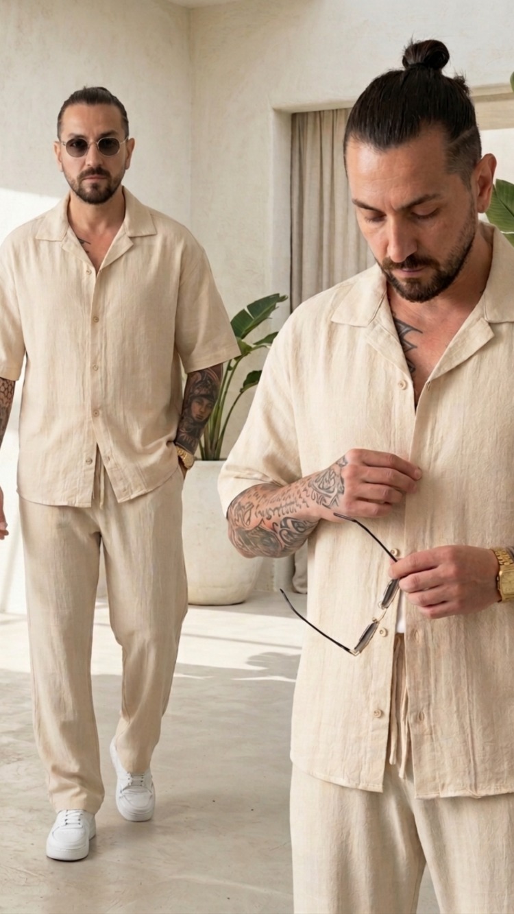 Bej Ham Keten Erkek Takım — Yazlık Oversize Alt-Üst Set
