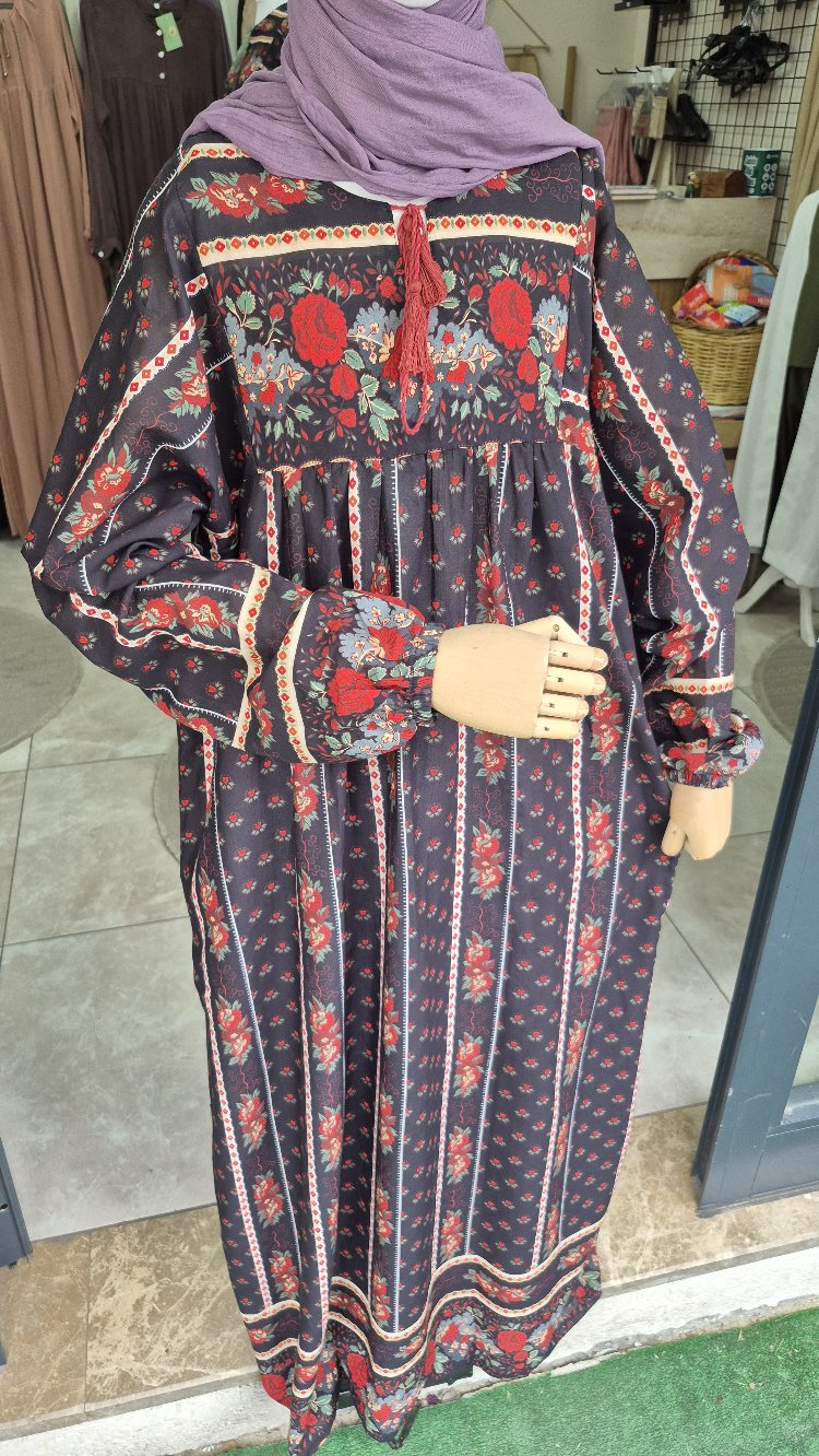 100% pamuklu vintage desenli tesettür elbise