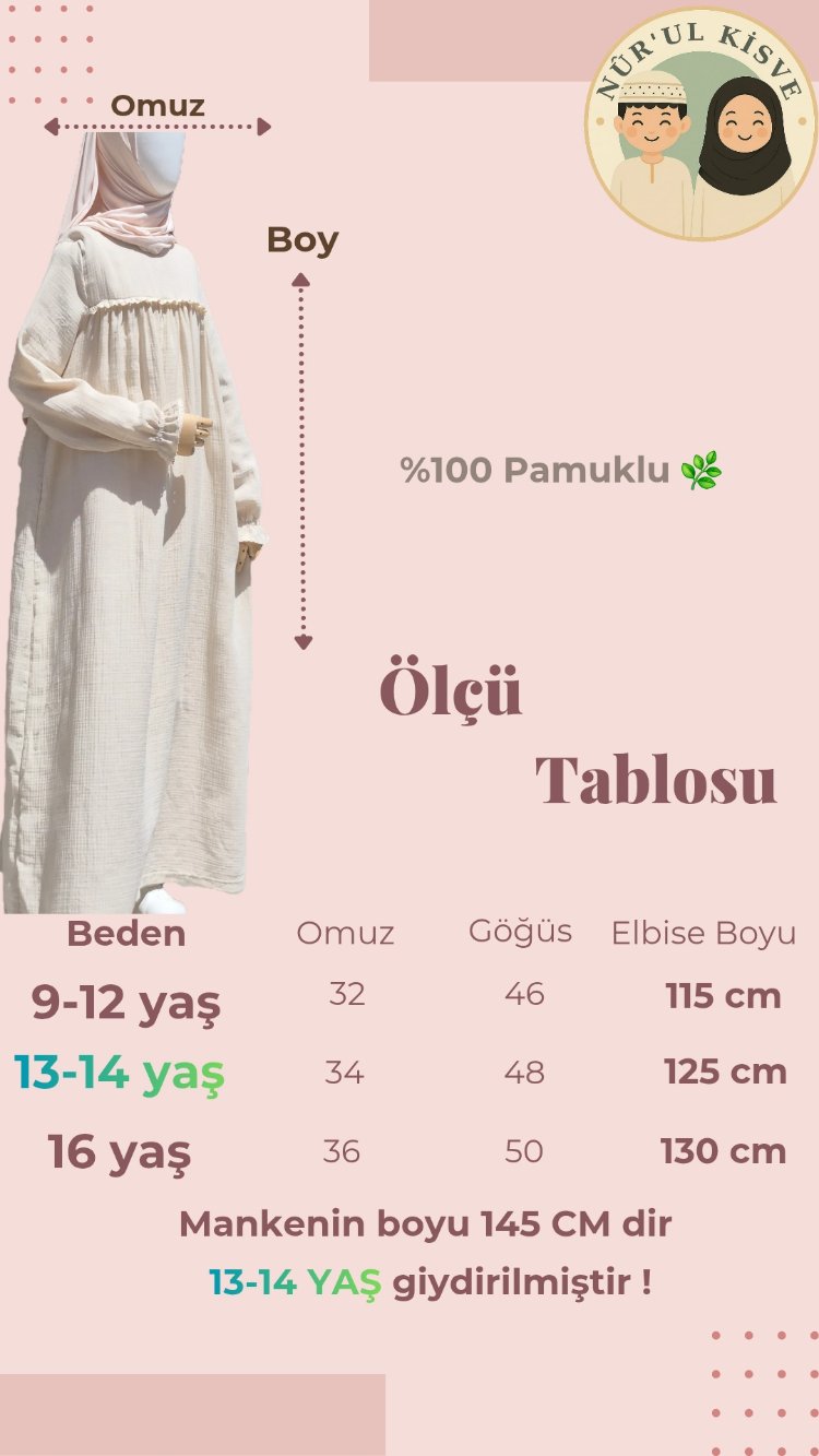 Hac Umre Günlük Çocuk Tesettür Elbise Müslin %100 Pamuk