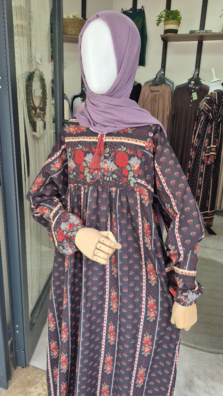 100% pamuklu vintage desenli tesettür elbise