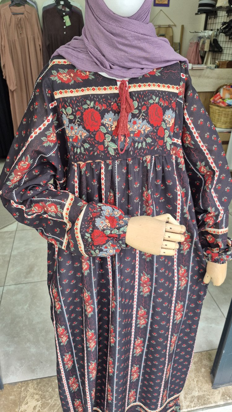 100% pamuklu vintage desenli tesettür elbise