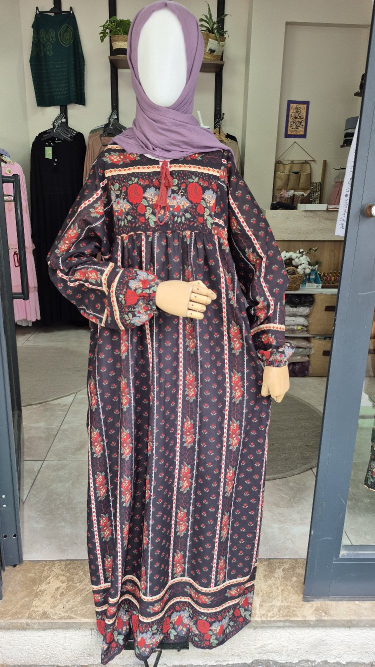 100% pamuklu vintage desenli tesettür elbise