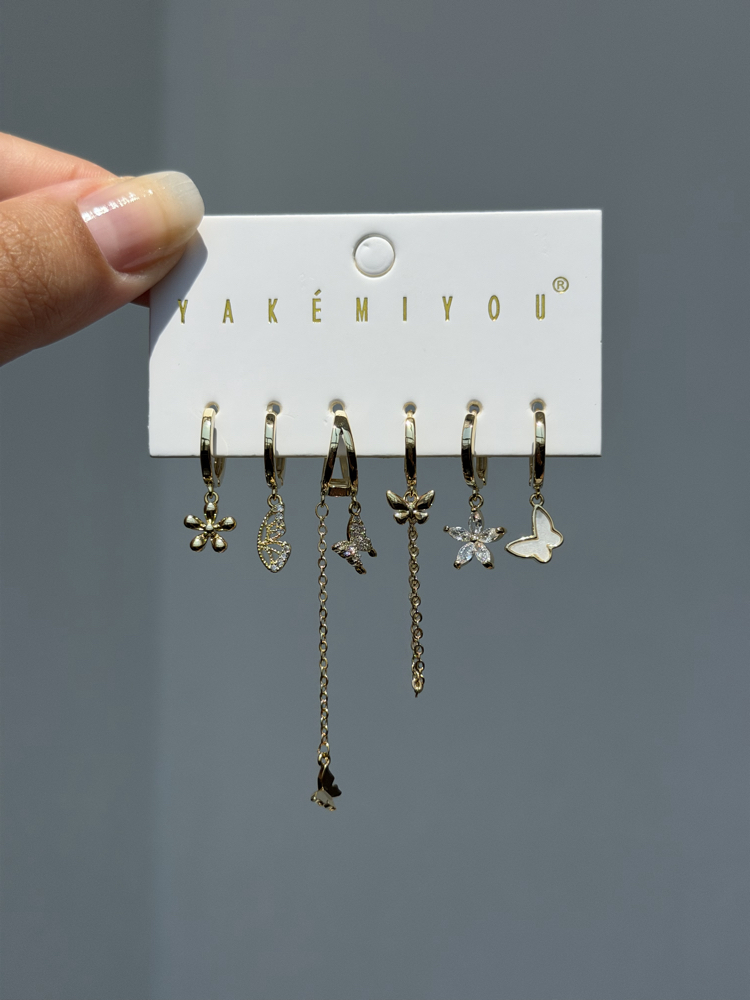 İthal altılı wings küpe seti gold