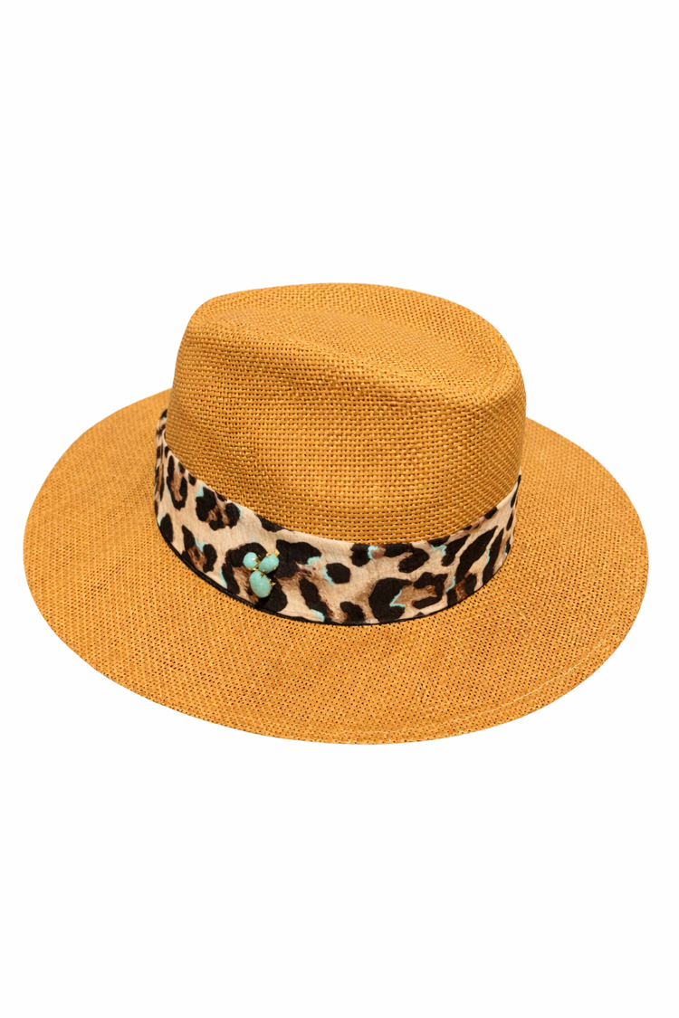 LEOPAR KUŞAKLI CAMEL HASIR PANAMA ŞAPKA