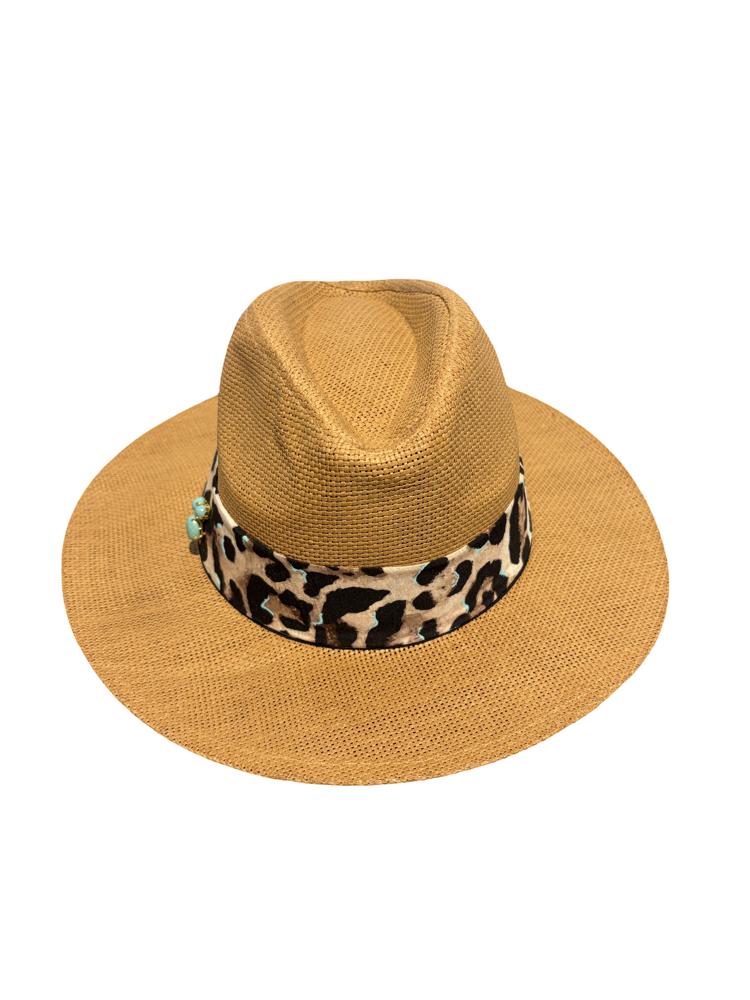LEOPAR KUŞAKLI CAMEL HASIR PANAMA ŞAPKA