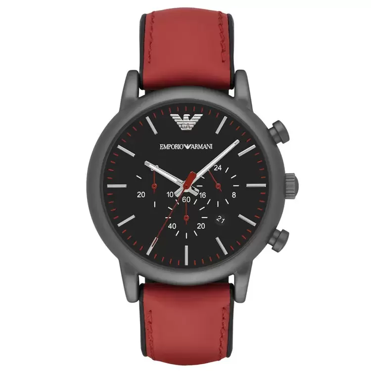 Emporio Armani AR1971 Erkek Kol Saati – Kırmızı Deri / Koyu Kasa / Chronograph