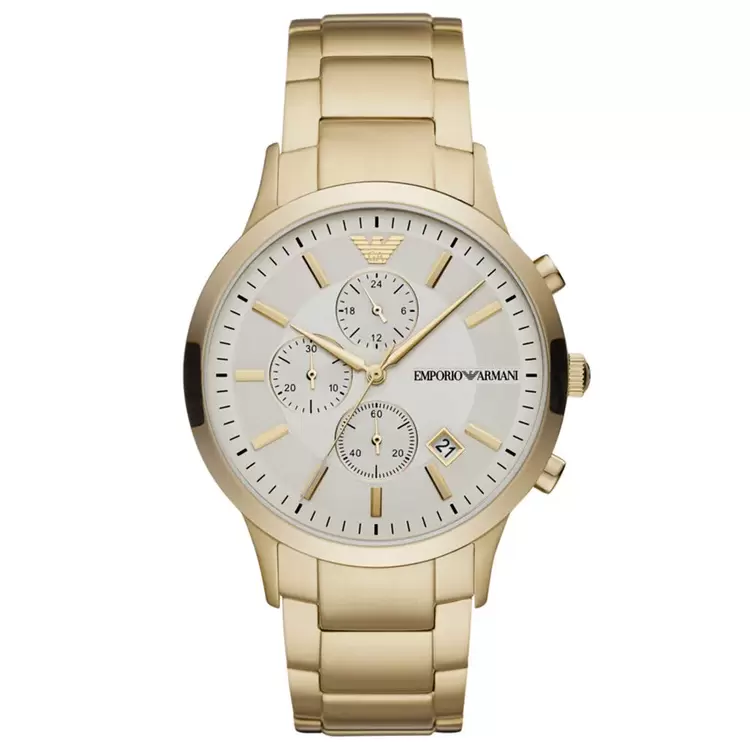 Emporio Armani AR11332 Erkek Kol Saati – Altın Kaplama / Krem Kadran / Chronograph