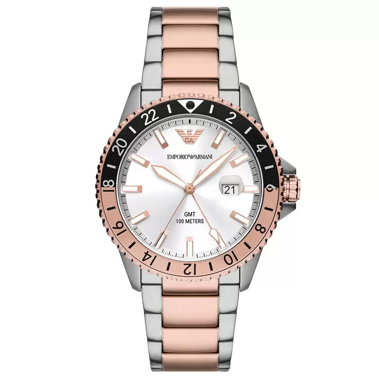 Emporio Armani AR11591 Erkek Kol Saati – GMT / İki Ton Çelik / 10 ATM