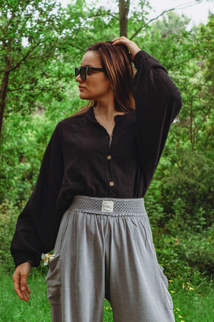 Oiki Midnight Nomad — Unisex Oversize Bohem Siyah Gömlek (Pamuk Keten)
