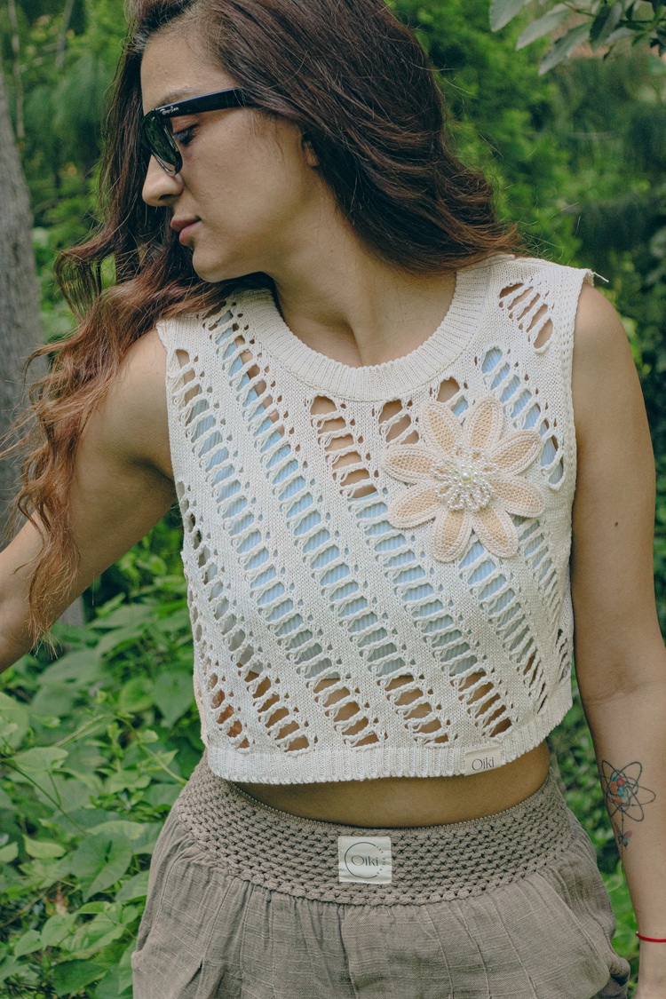 Oiki Fileli Örgü, İncili Çiçek Detaylı Bohem Crop
