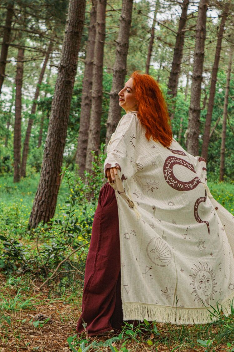 Oiki Yılan ve Gökyüzü Simgeleri Desenli Bohem Kimono