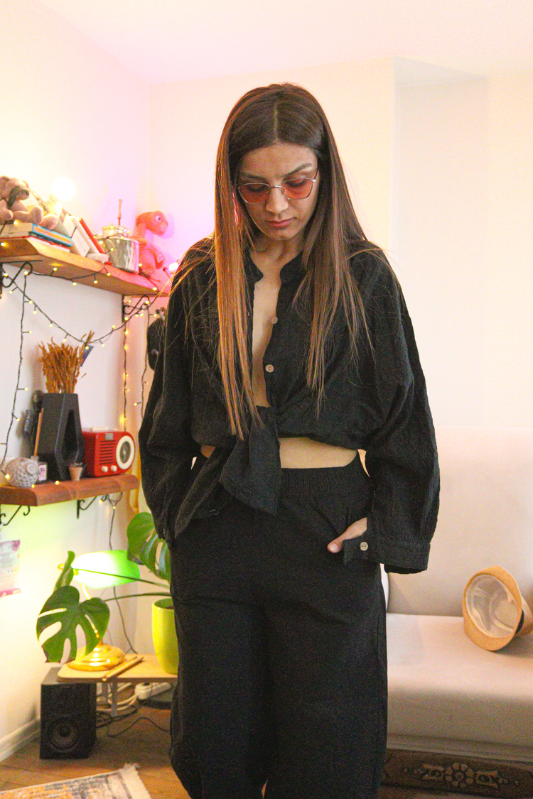 Oiki Midnight Nomad Unisex Bohem Siyah Gömlek