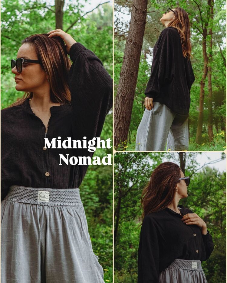 Oiki Midnight Nomad — Unisex Oversize Bohem Siyah Gömlek (Pamuk Keten)